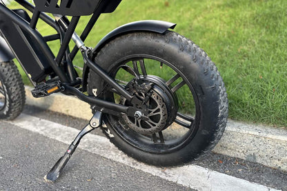 Close-up of Freego F2 Pro Max rear wheel with disc brake and fat Kenda tire.