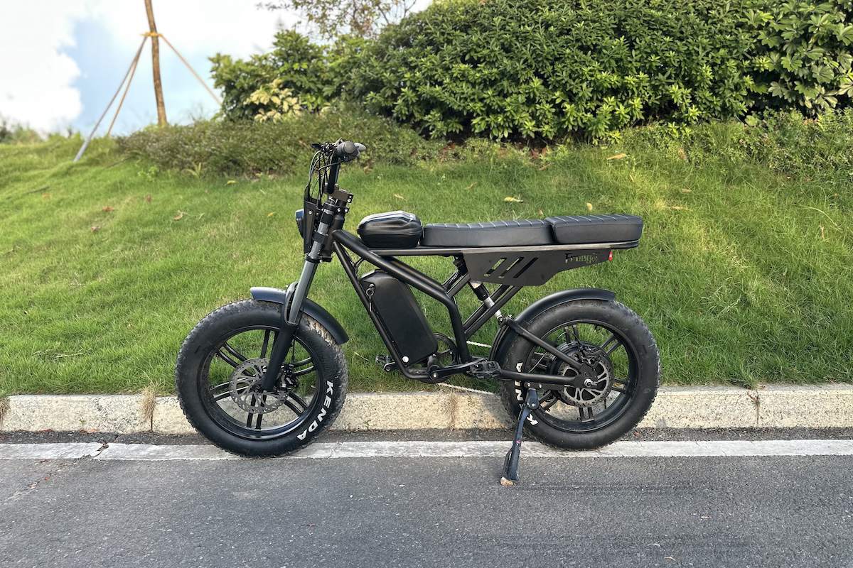 Side view of Freego F2 Pro Max electric bike with fat tires and long seat, parked by the roadside.