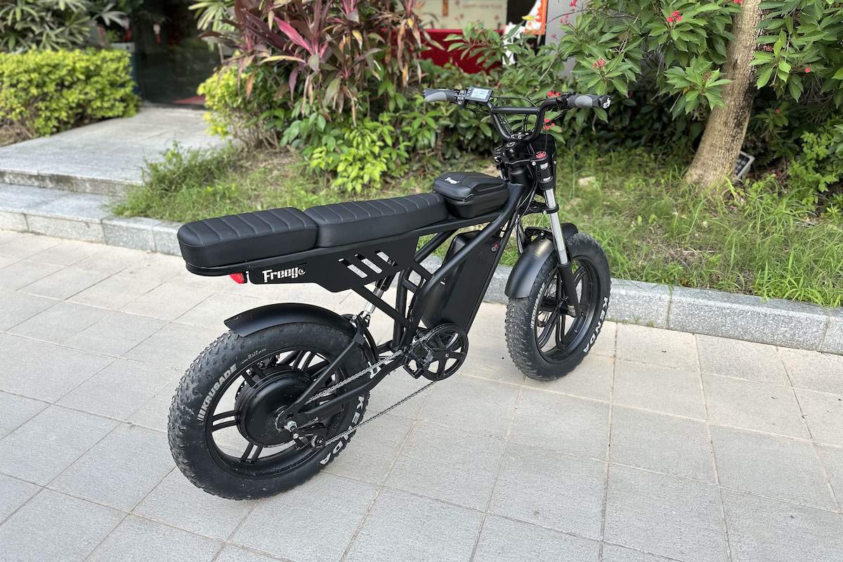 Freego F2 Pro Max electric bike with long seat and fat tires parked on a tiled path near greenery.