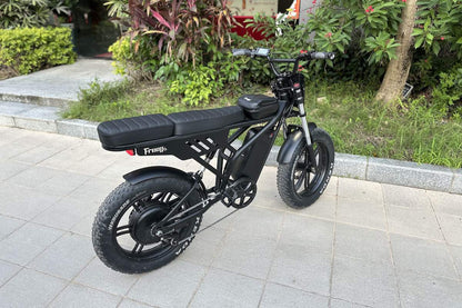 Freego F2 Pro Max electric bike with long seat and fat tires parked on a tiled path near greenery.
