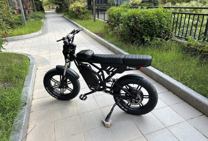 Freego F2 Pro Max electric bike parked on a garden walkway with greenery on both sides.