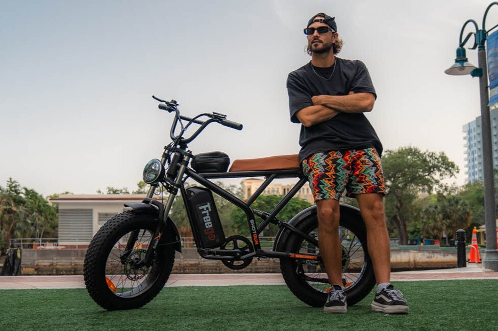 Man standing next to a black electric bike on a grassy area with trees and buildings in the background.
