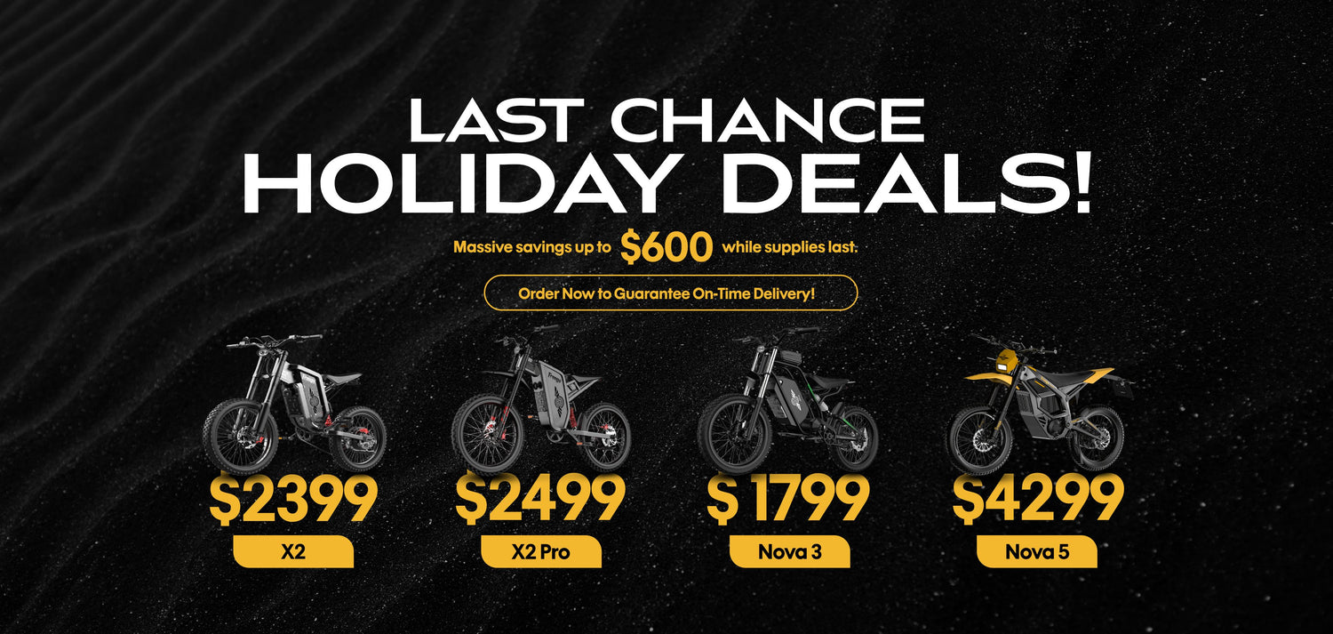 Promotional graphic for last chance holiday deals on electric bikes with prices displayed.