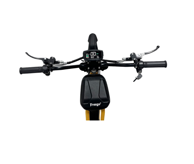 Motorcycle handlebar with digital display and Prange branding on a white background