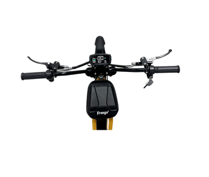 Motorcycle handlebar with digital display and Prange branding on a white background