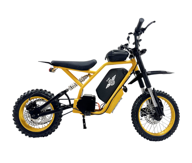 Yellow electric bike with black seat and battery pack on a white background