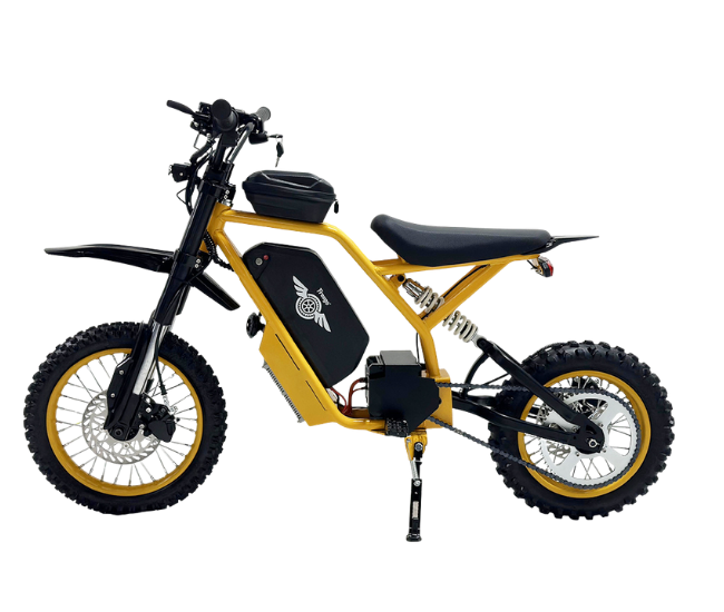 Yellow electric bike with black seat and tires on a white background