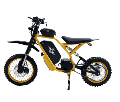 Yellow electric bike with black seat and tires on a white background