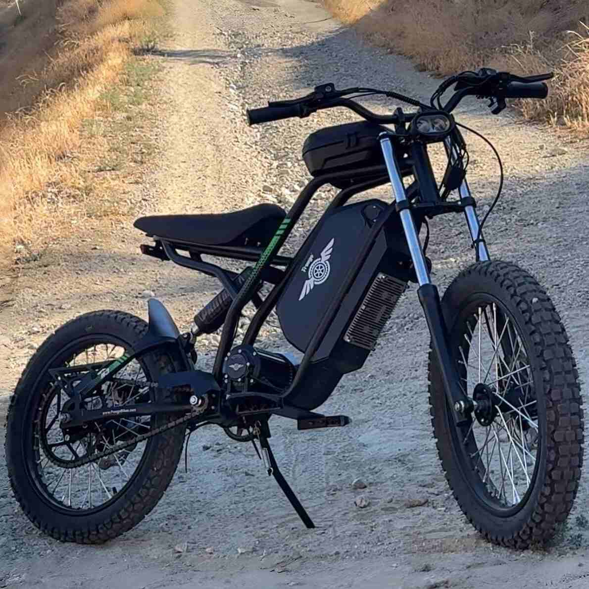Black electric bike on a dirt road