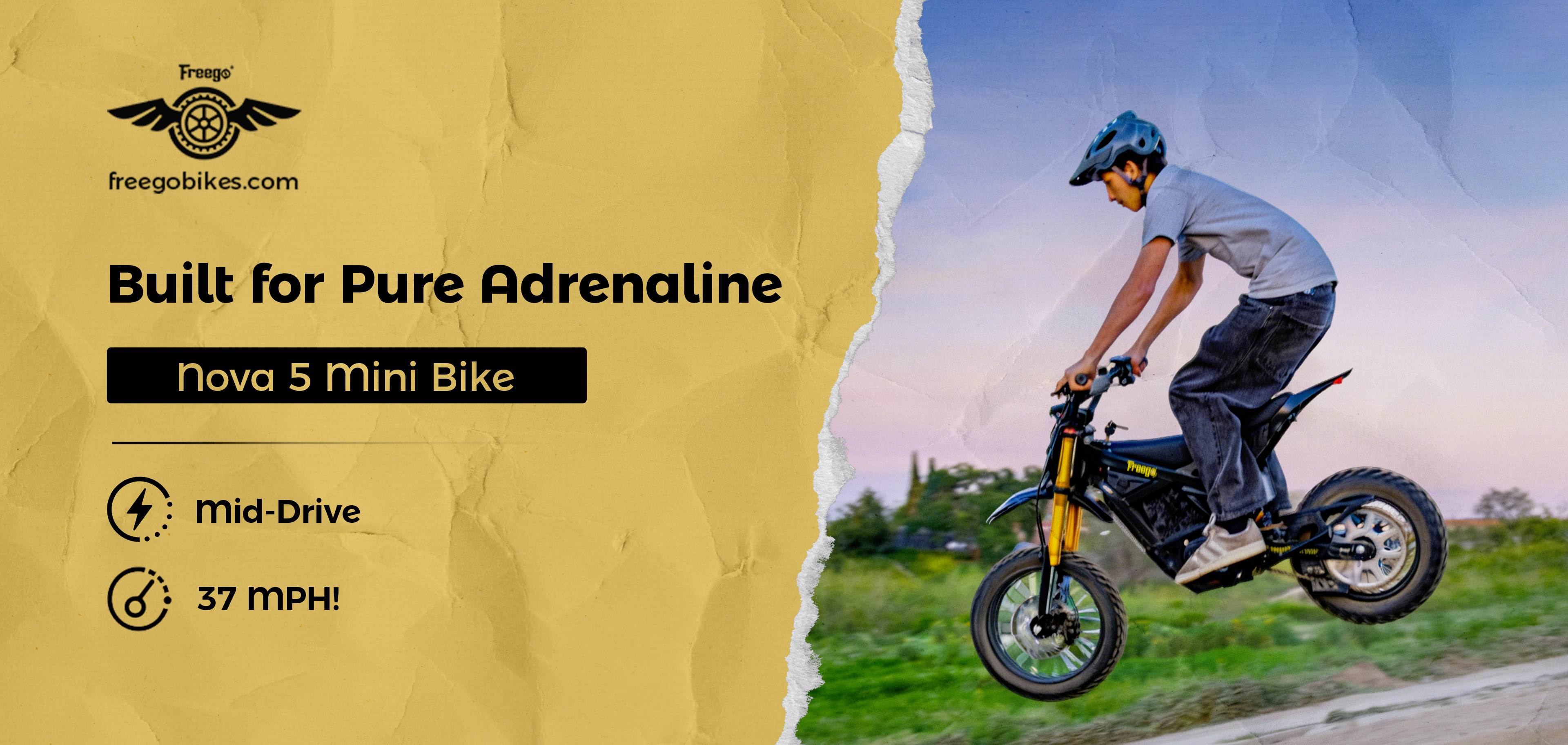 Person riding a Freego Nova 5 Mini electric bike while jumping, highlighting mid-drive power and 37 MPH speed in a dynamic outdoor scene.