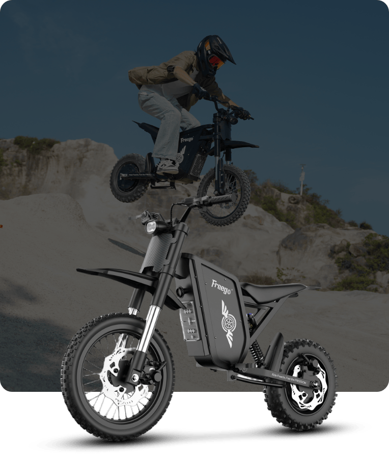 Freego X0 electric mini bike on a rocky landscape.