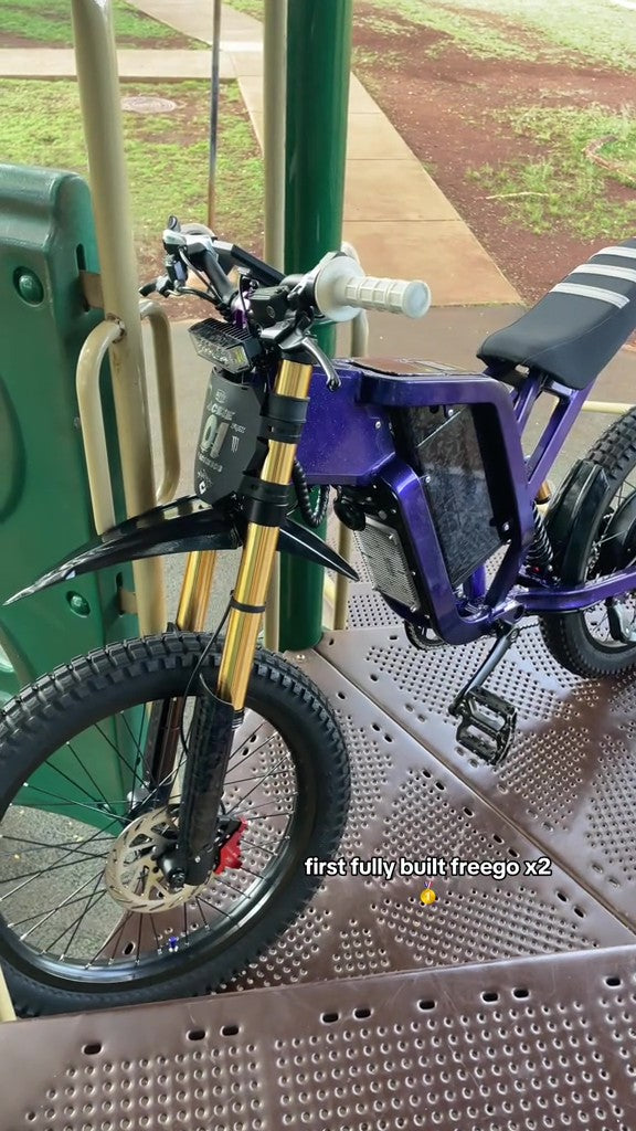 Purple Freego X2 electric bike with gold frame leaning against a green post on a metal platform.