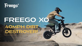 rider on Freego XO e-bike airborne over dirt