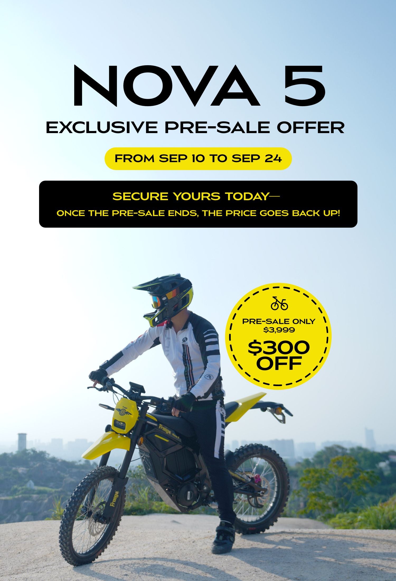 Promotional poster for Nova 5 with a person on a motorcycle, offering an exclusive pre-sale offer.