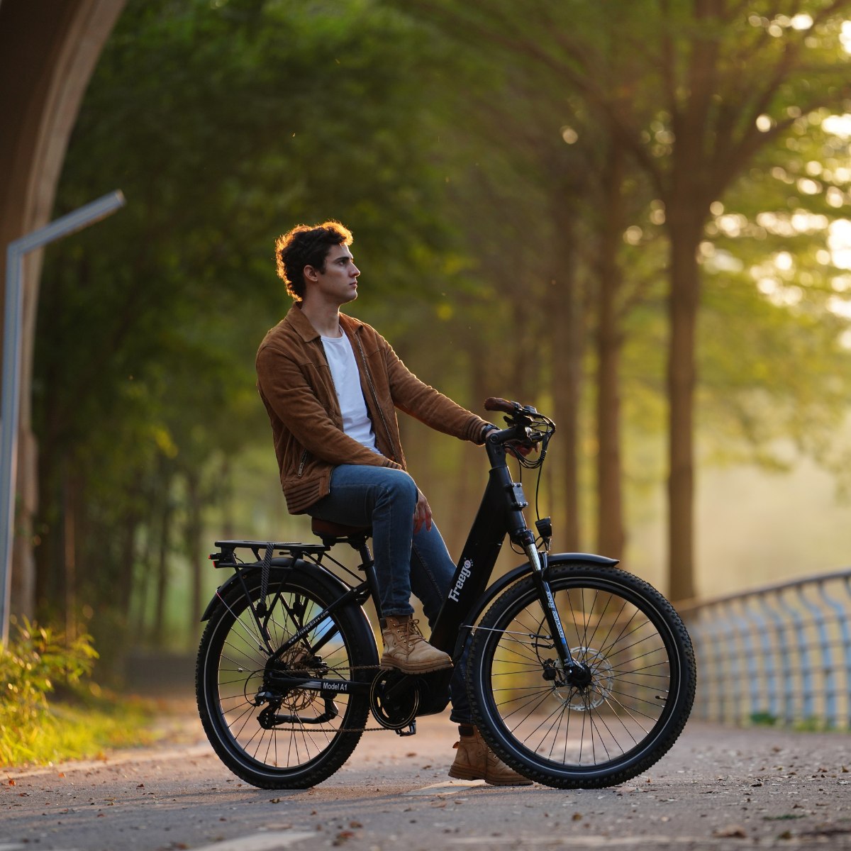 Man riding a Freego City Flow A1 Electric Bike on a path with trees in the background