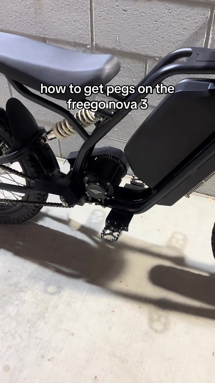 Close-up of a bicycle with text overlay on how to get pegs on the Freewinova 3.