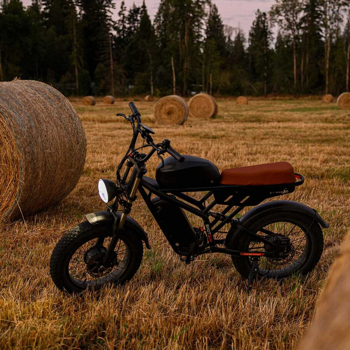 Freego F3 Pro e-bike parked in a field with hay bales and trees in the background