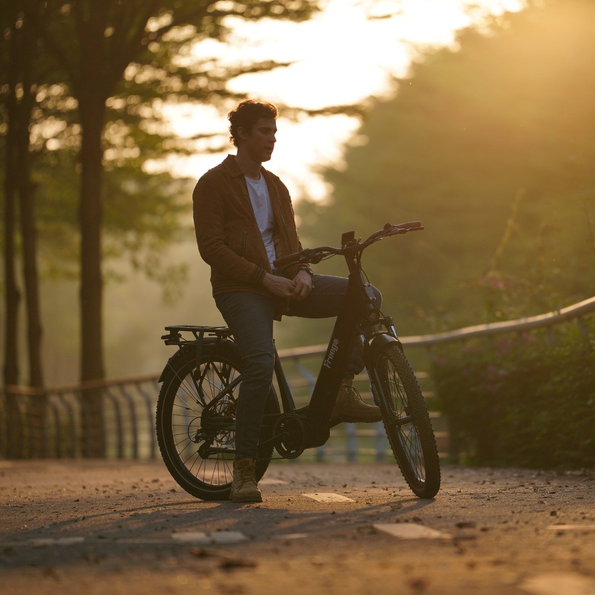 Person sitting on a Freego City Flow A1 in a park at sunset
