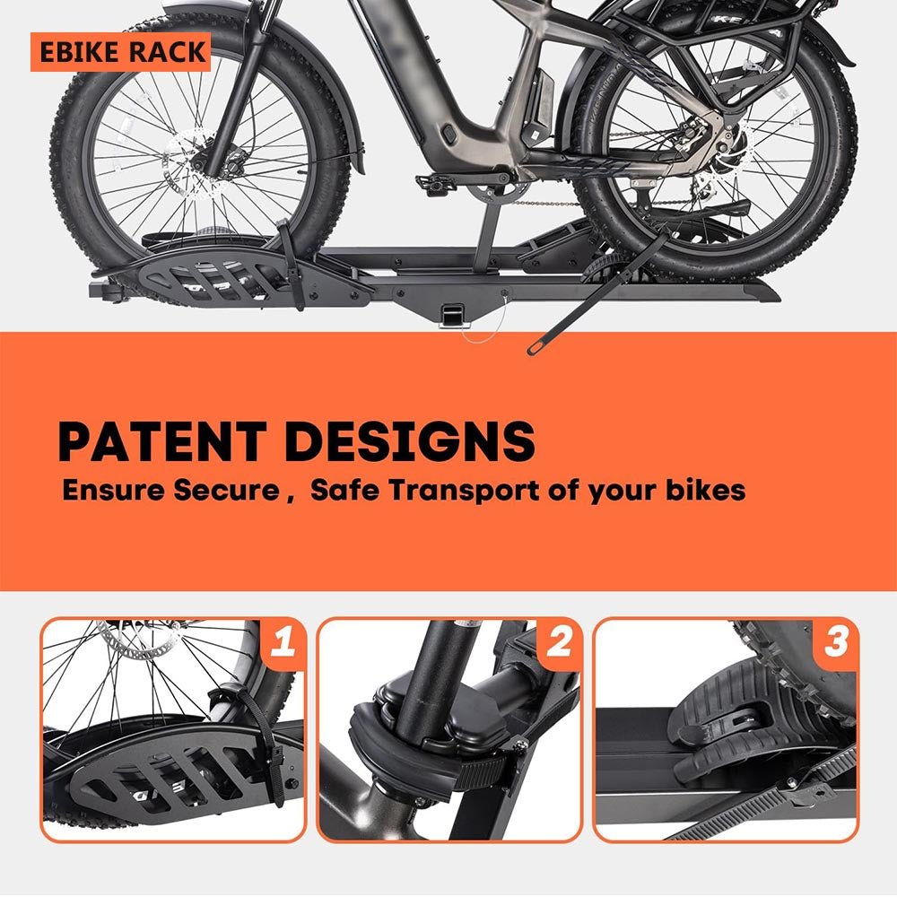 electric bicycle carriers 2-Bike Hitch Bike Rack with Ramp, Folding Fat Tire E-Bike Carrier, 200 LBS Capacity, Fits 2'' Receiver with Lock When not in use Hitch-Mounted E-Bike Carrier For Shark