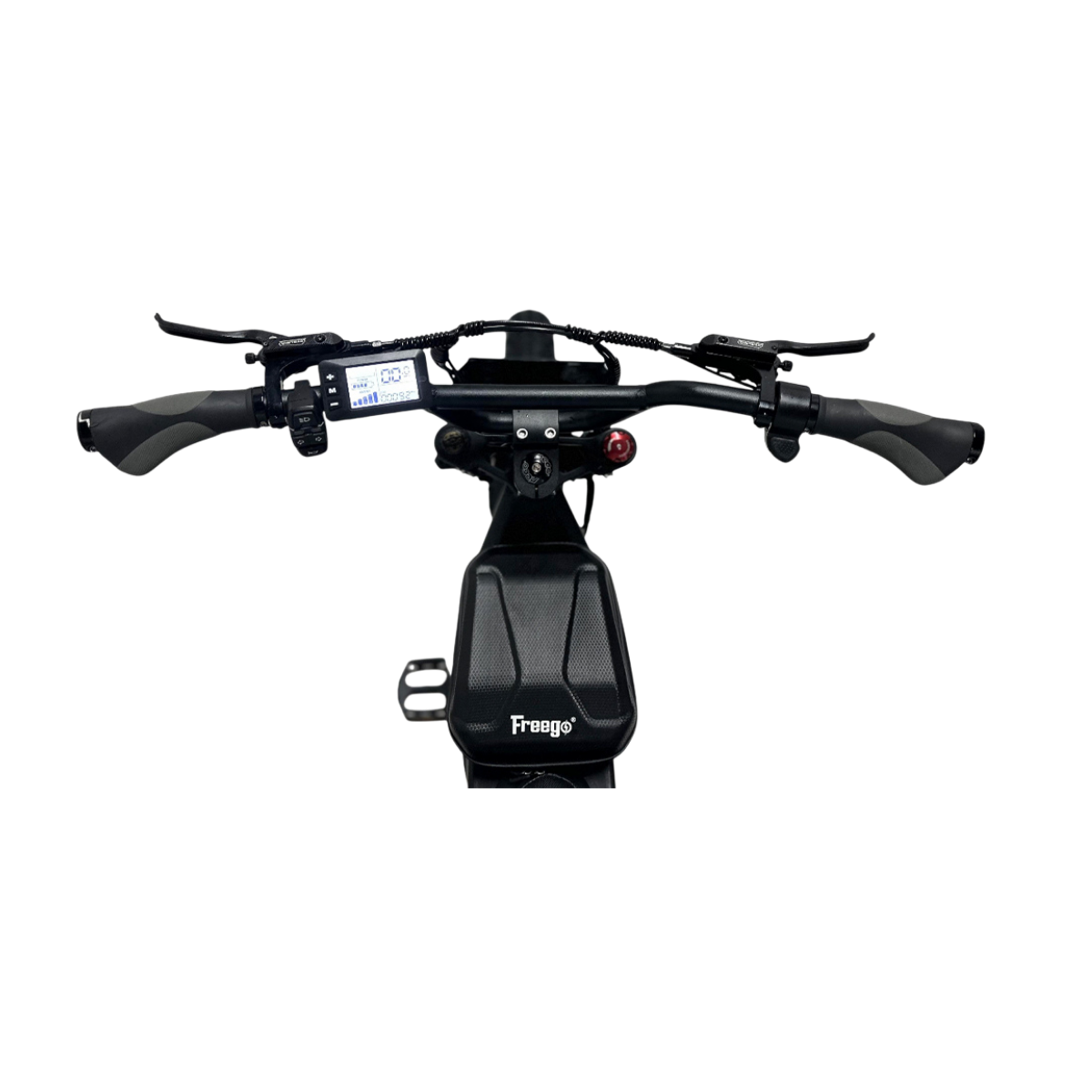 Black motorcycle handlebar with digital display on a white background