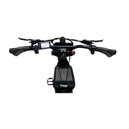Black motorcycle handlebar with digital display on a white background