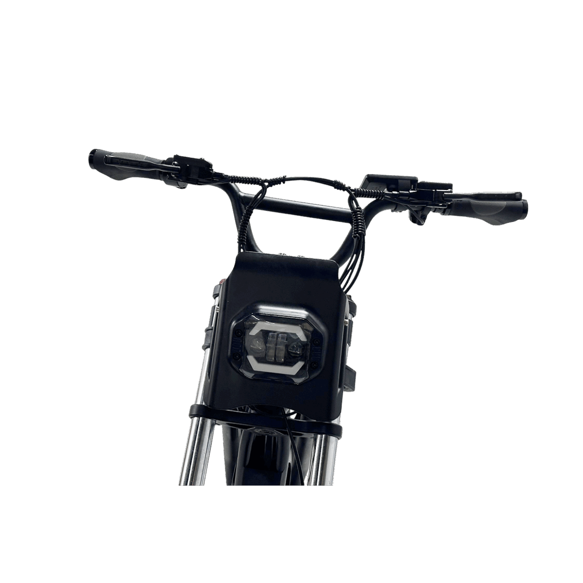 Close-up of a motorcycle handlebar with a headlight on a gray background