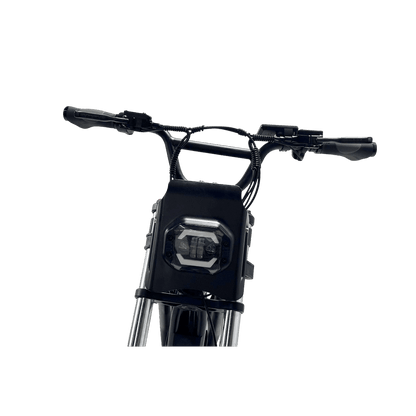 Close-up of a motorcycle handlebar with a headlight on a gray background