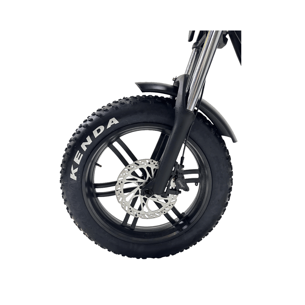 Close-up of a Kenda tire on a bike with a gray background