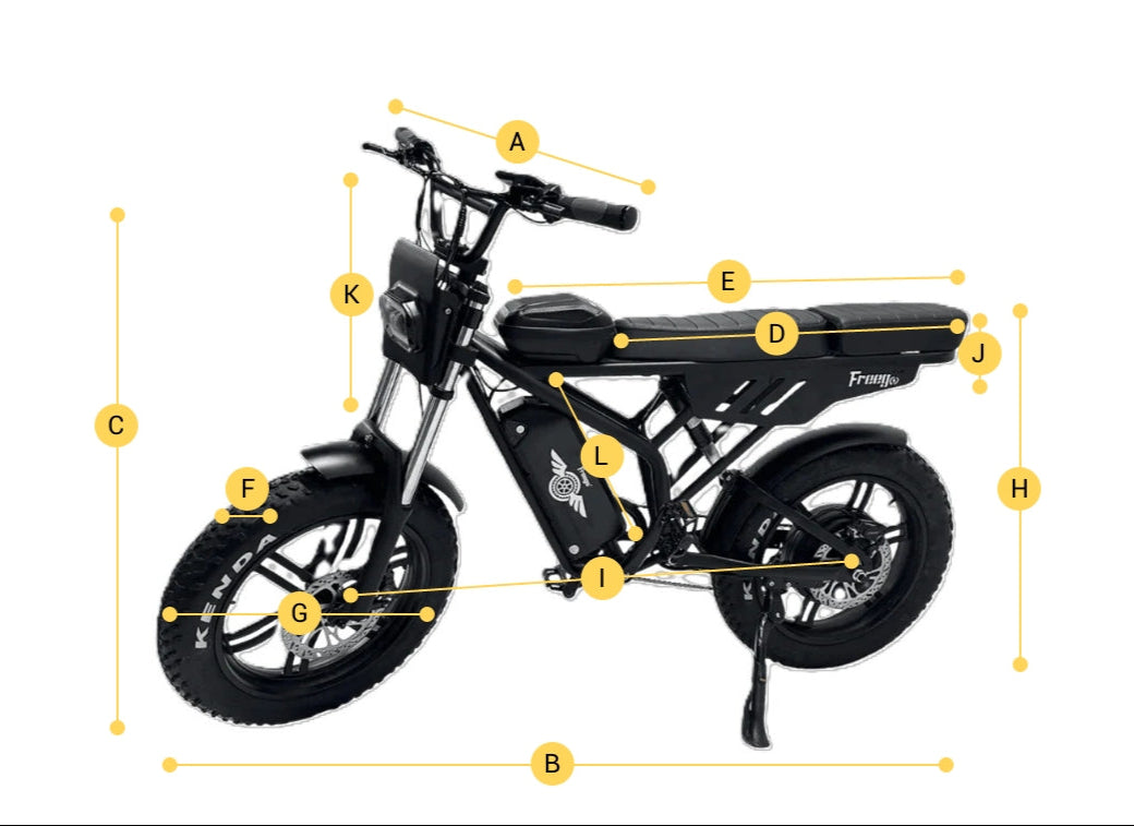 Black electric bike with labeled parts on a white background