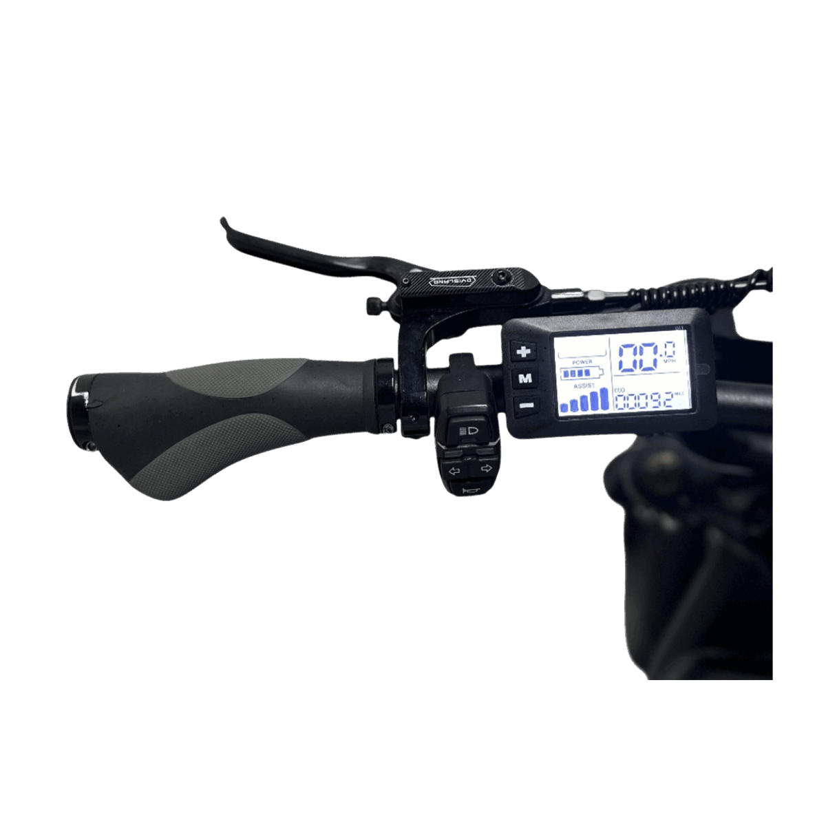 Close-up of a motorcycle handlebar with digital display on a gray background
