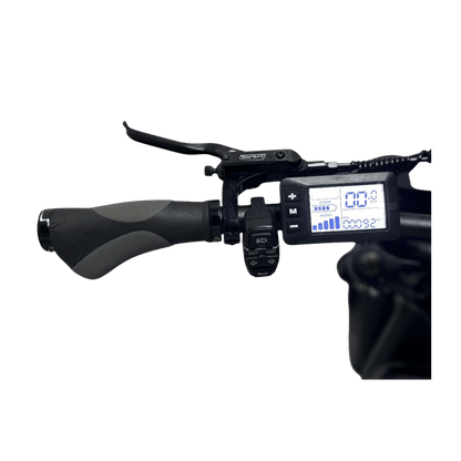 Close-up of a motorcycle handlebar with digital display on a gray background