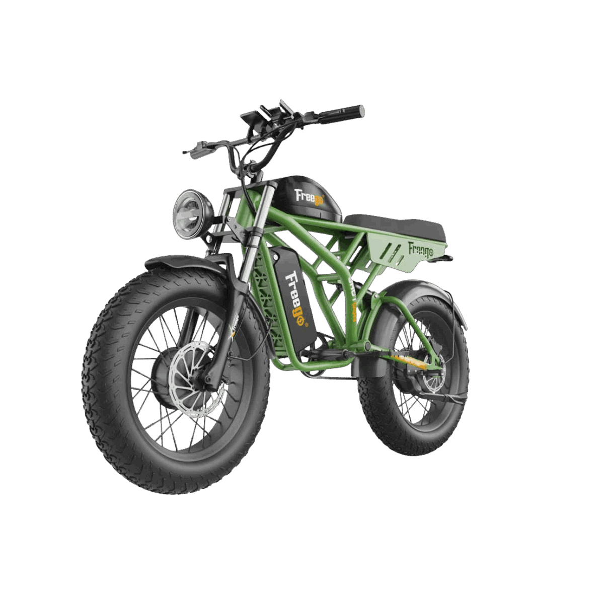Green electric bike with 'Freewave' branding on a gray background