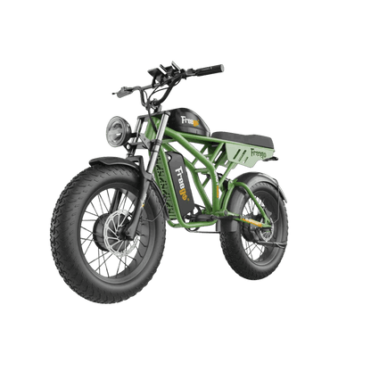 Green electric bike with 'Freewave' branding on a gray background