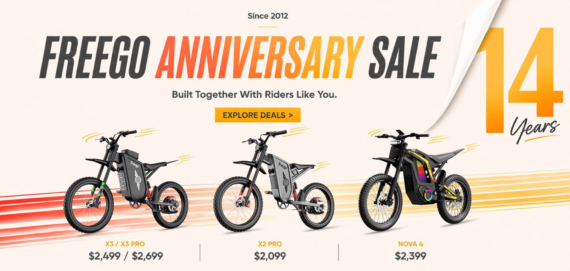 Freego 14th Anniversary Sale poster featuring exclusive savings on X3, X3 Pro, X2 Pro, and Nova 4 electric bikes.