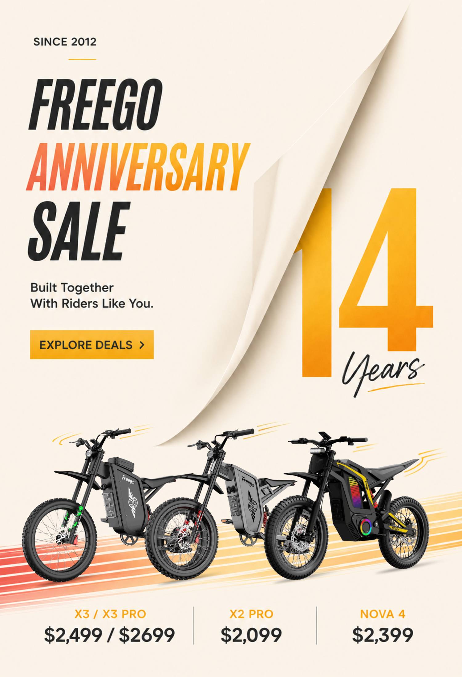 Freego 14th Anniversary Sale poster featuring exclusive savings on X3, X3 Pro, X2 Pro, and Nova 4 electric bikes.
