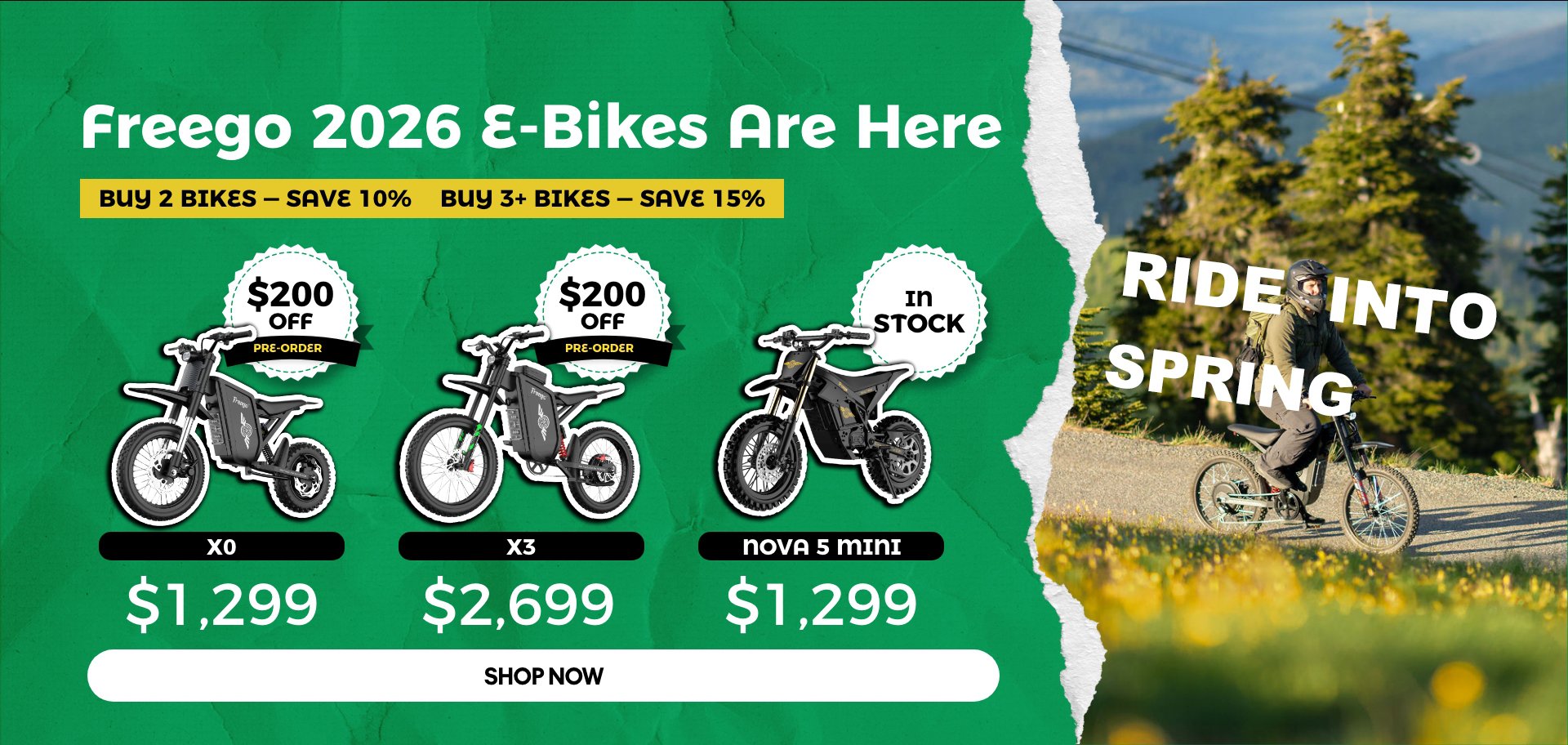 Advertisement for Freego 2026 E-Bikes with pricing and promotional text