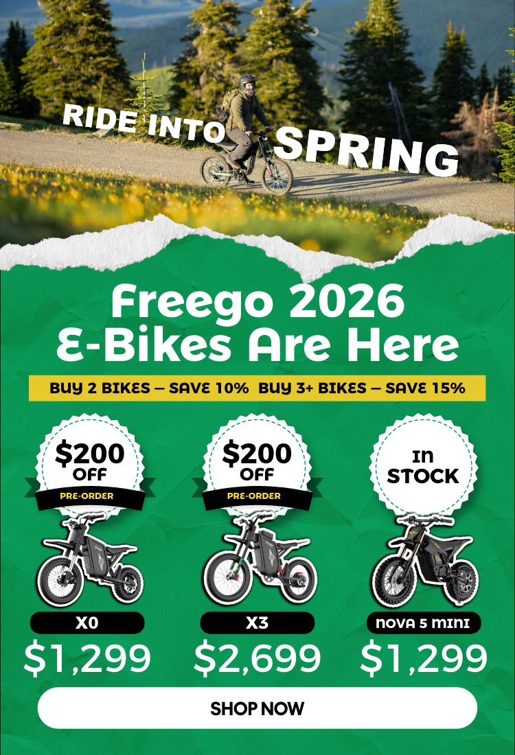 Advertisement for Freego 2026 E-Bikes with pricing and promotional text.