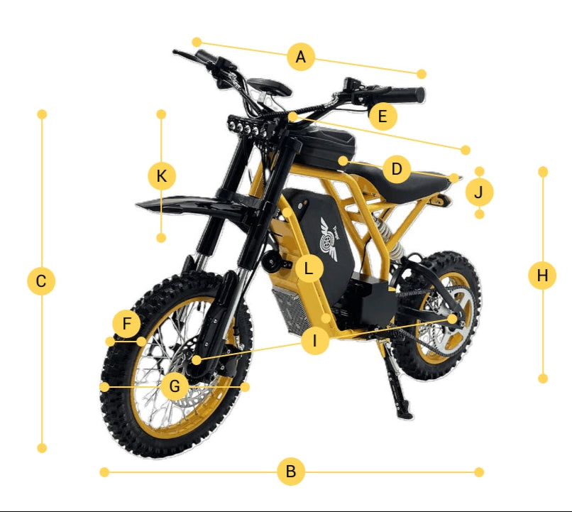 Yellow and black electric bike with labeled parts on a white background