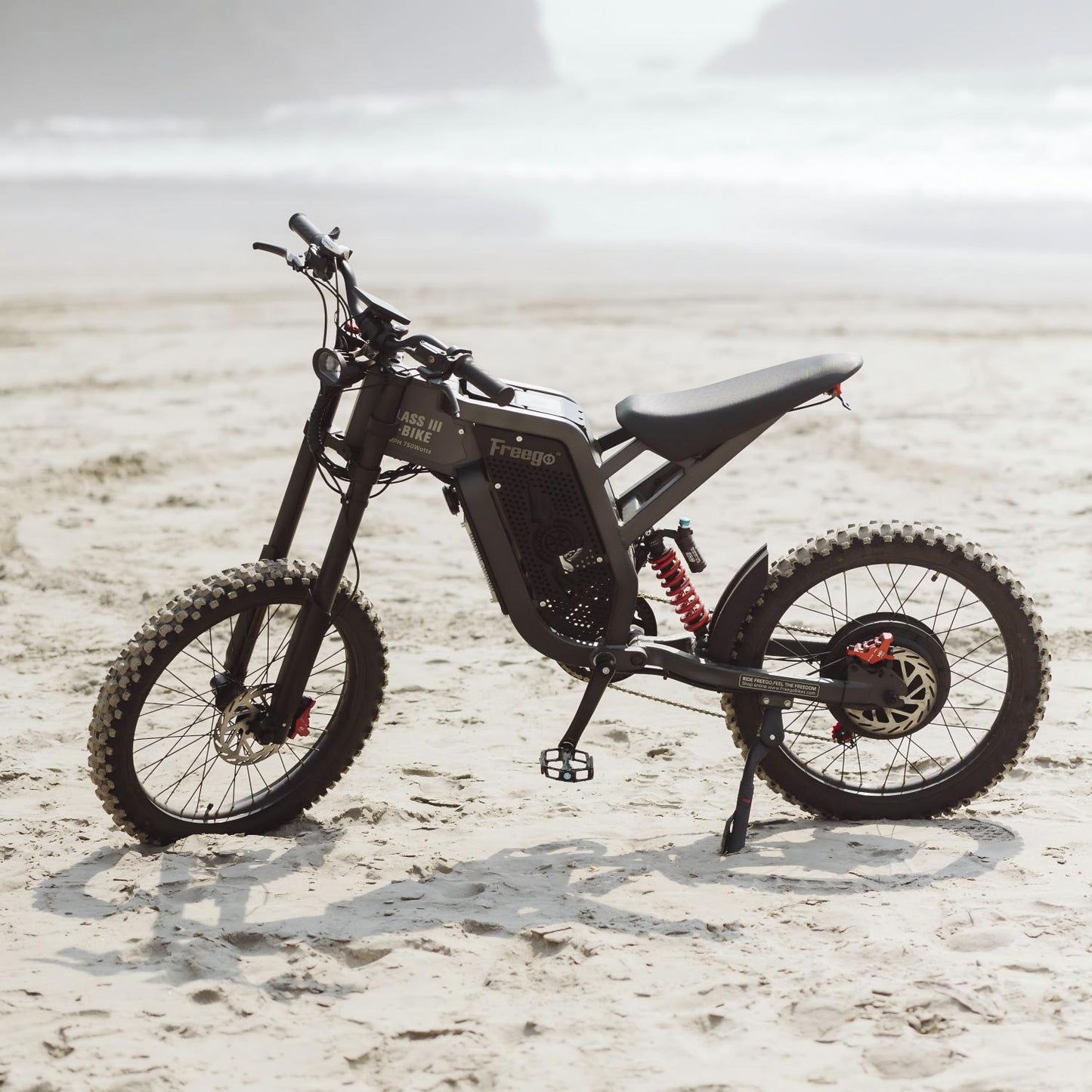 Freego electric dirt bike parked on a sandy beach, showcasing rugged off-road design against a scenic coastal backdrop.