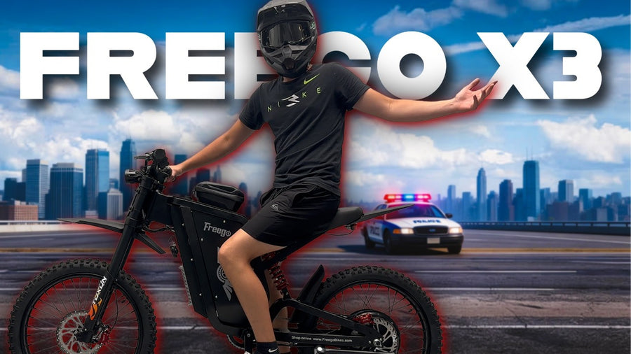 Youtube Freego X3 Pro Review：Freego X3 Pro with a rider wearing a full-face helmet, showcasing its powerful off-road performance and rugged design.