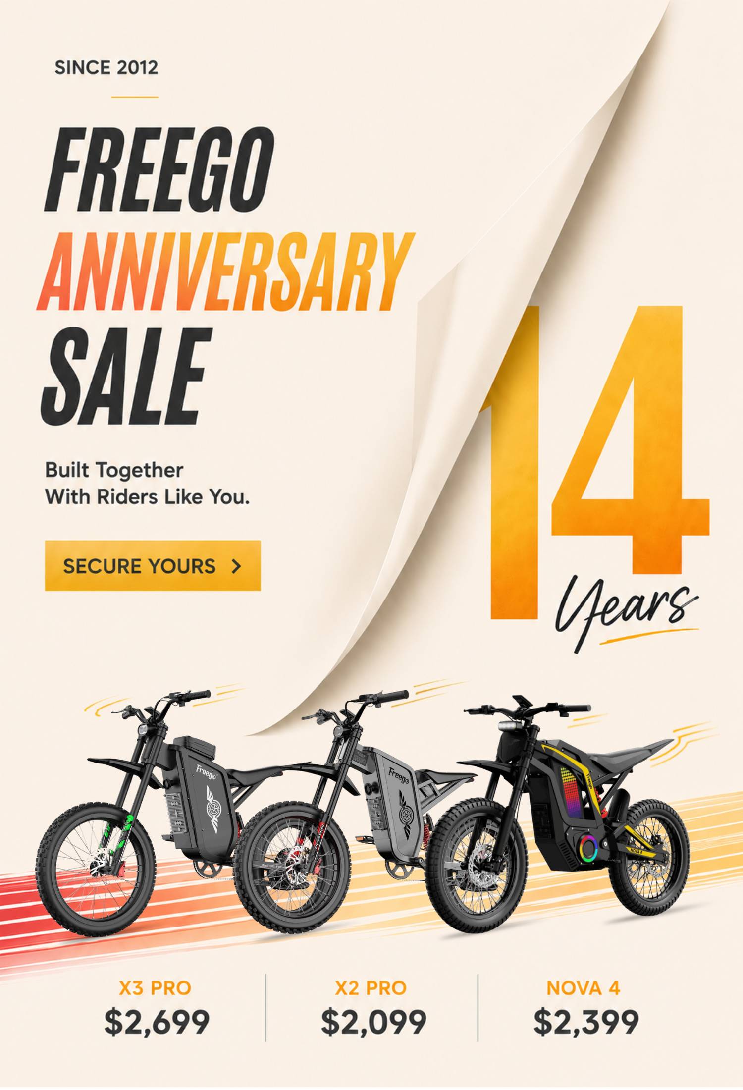 Freego 14th Anniversary Sale poster featuring exclusive savings on X3, X2 Pro, and Nova 4 electric bikes.