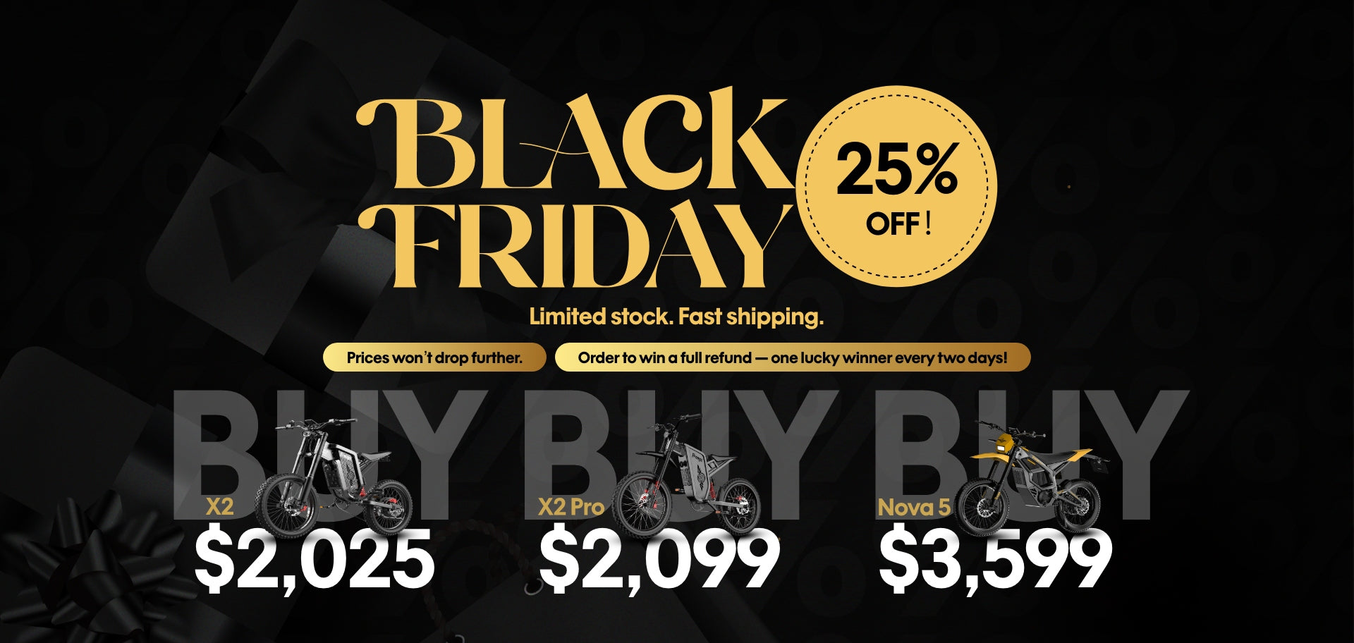 Freego Black Friday sale advertisement with motorcycle models and pricing on a dark background.