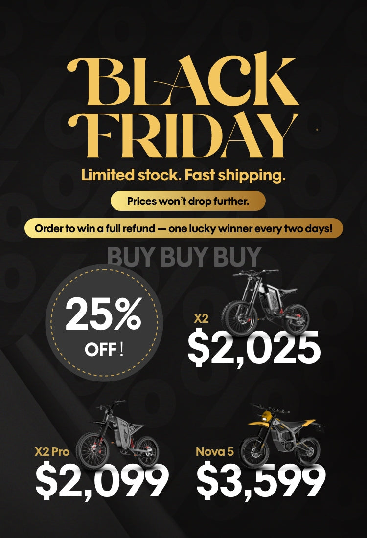 Freego Black Friday promotional poster with motorcycle prices and offers on a dark background.
