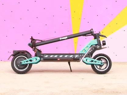 Electric scooter with 'Frogg' branding on a pink and yellow background