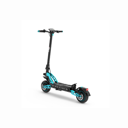 Black electric scooter with blue accents on a white background