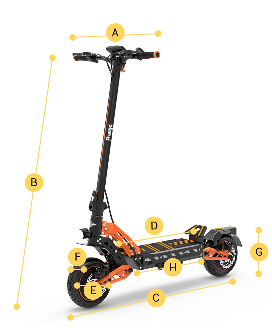 Foldable electric scooter with labeled measurements on a white background