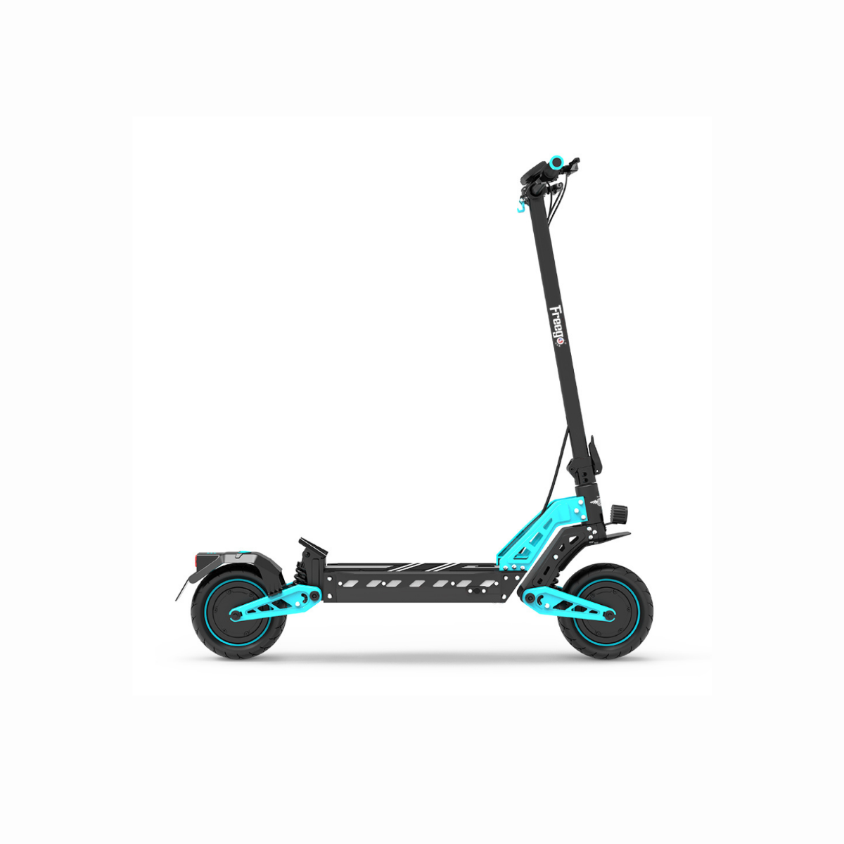 Black and turquoise electric scooter on a white background