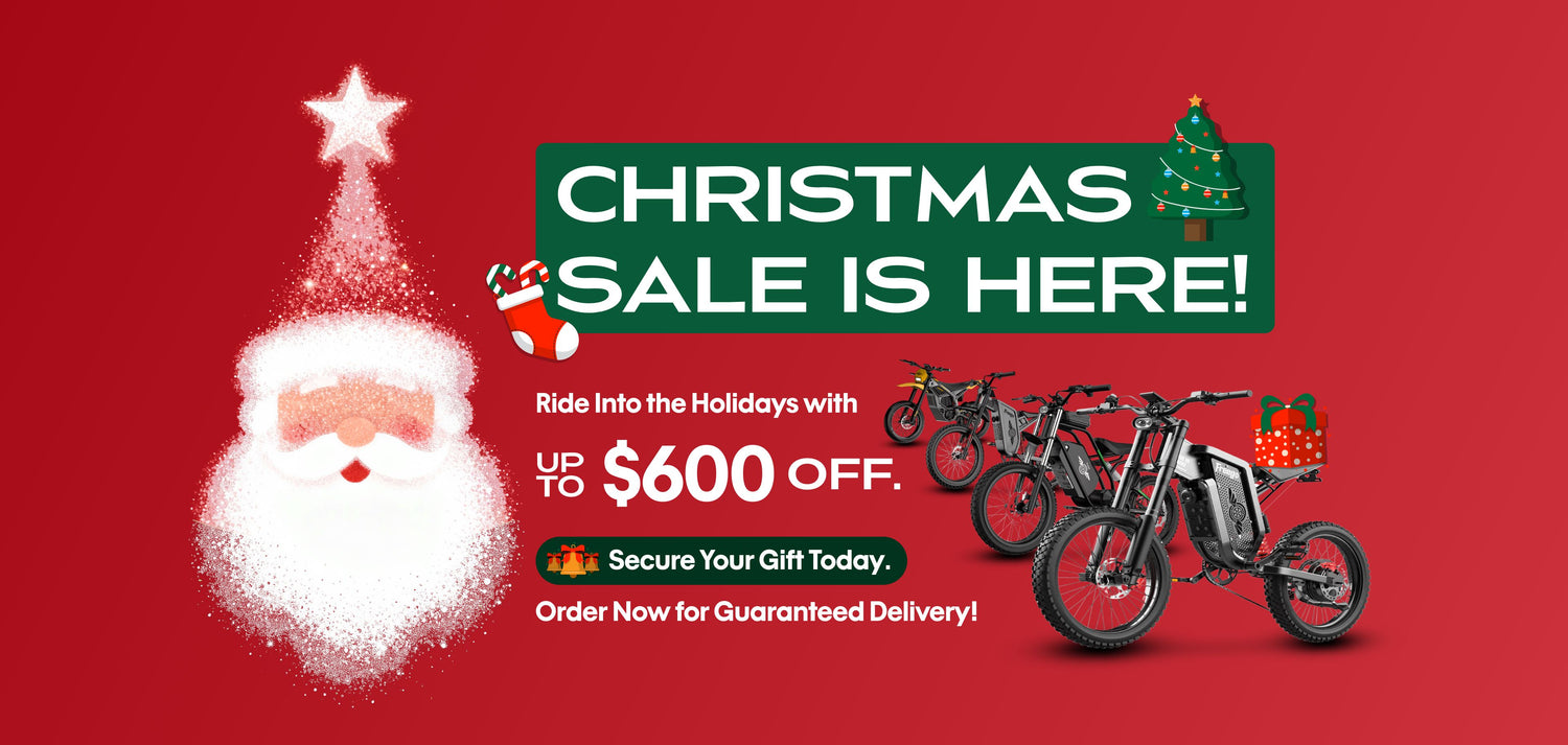 Promotional banner for a Christmas sale with Santa Claus, electric bikes, and holiday decorations on a red background.