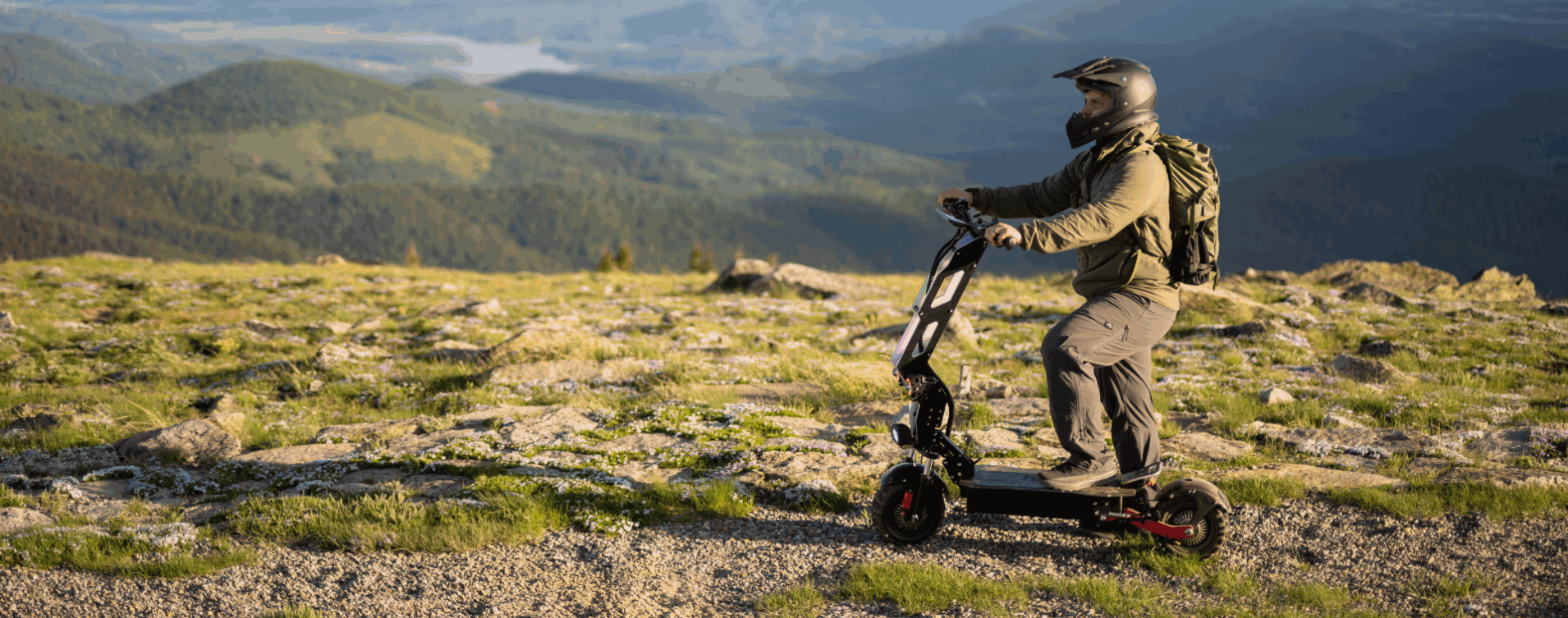 Rider exploring forest trail on Freego D11 Landtiger electric scooter