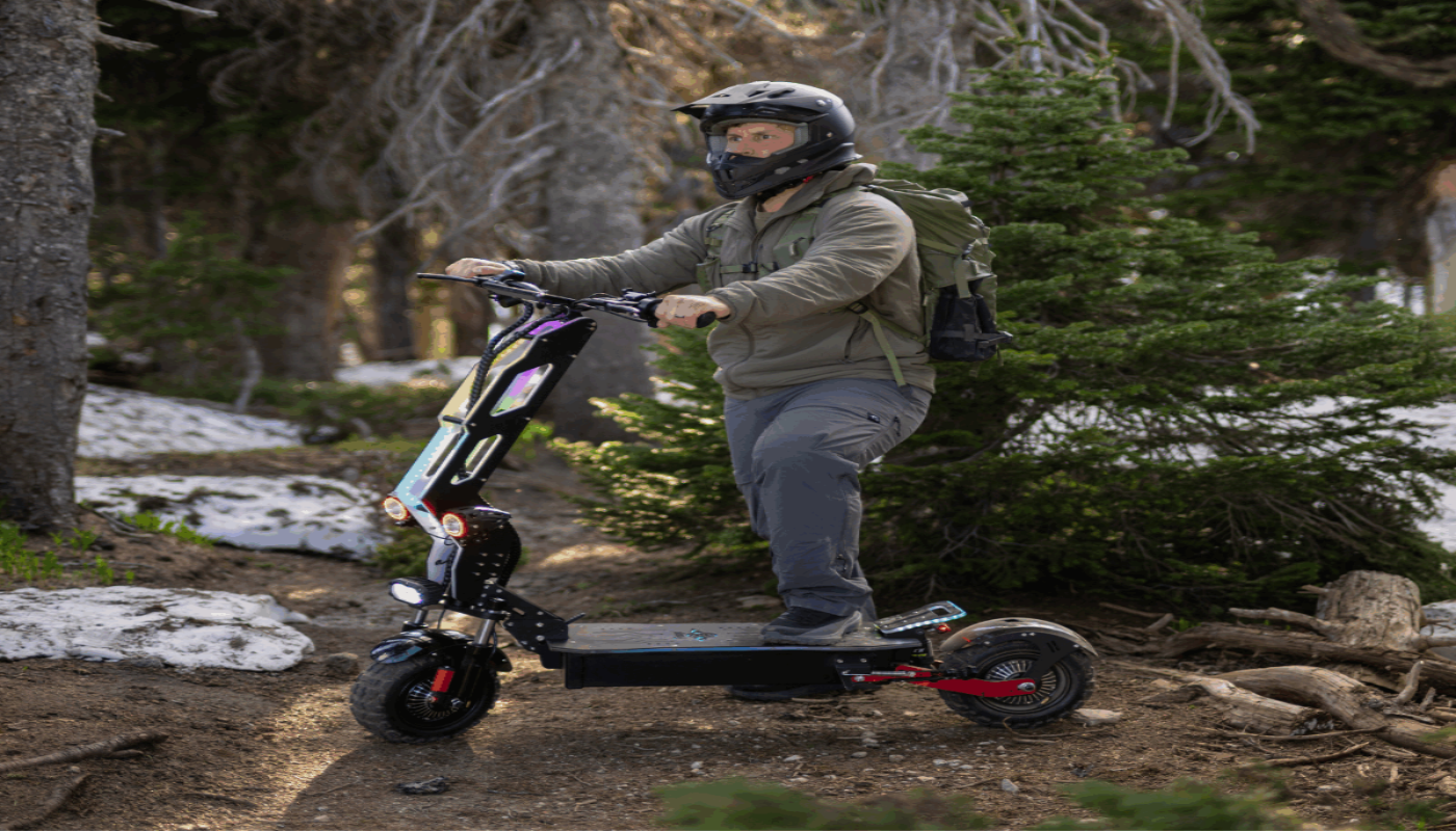 Freego D11 Landtiger electric scooter parked on rugged mountain path